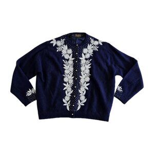 Vtg Embellished Beaded 1960s Cardigan Womens 44 L Blue Lined Floral Art To Wear